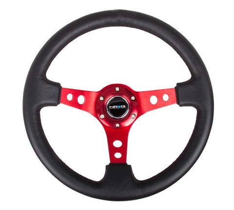 NRG Innovations 350MM 3" Deep Dish With Holes Leather - Black/Red