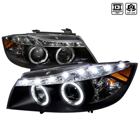 2006-2008 BMW E90 3 Series Sedan Dual Halo Projector Headlights w/ LED Light Strip (Matte Black Housing/Clear Lens)